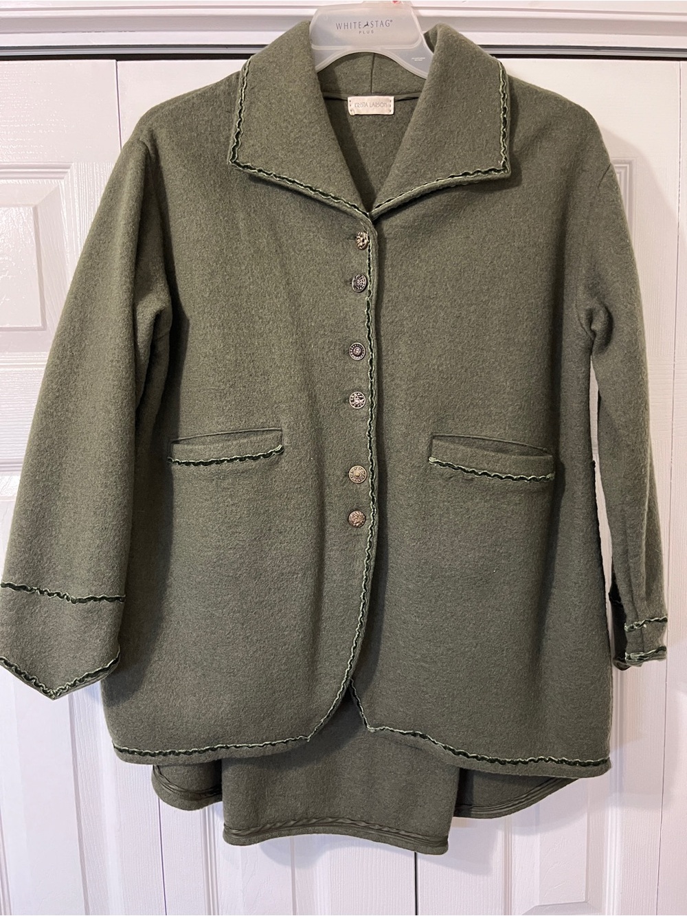 Krista Larson Vintage Loden Green Boiled ? Wool Riding Jacket Lagenlook O/S